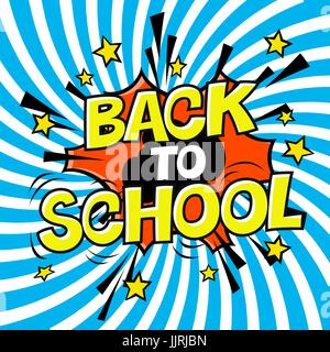 Back to school poster. Comic retro yellow alphabet. Halftone background and decorative elements. Stock Vector