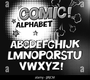 Comic retro black and white alphabet. Halftone background and decorative elements. Monochrome letters for kids' illustrations, websites, comics, banne Stock Vector