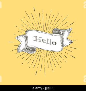Hello. Hello icon in vintage hand drawn ribbon. Graphic art design on yellow background. Stock Vector