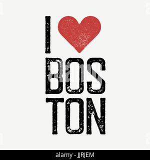 'I love Boston' text with red heart. T-shirt print design template. Vector illustration. Isolated on white background. Stock Vector