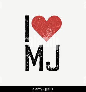 "I love MJ" text with red heart. T-shirt print design template. Vector illustration. Isolated on white background. Stock Vector