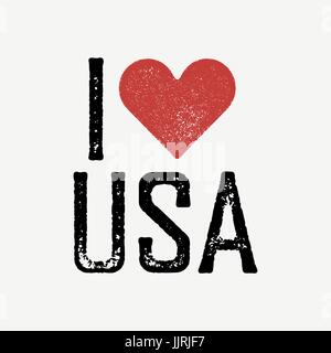 "I love USA" text with red heart. T-shirt print design template. Vector illustration. Isolated on white background. Stock Vector