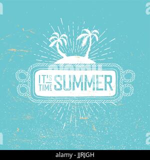 Summer time vector retro postcard. Rope frame, palms and rays on blue background. Summer beach party poster Stock Vector
