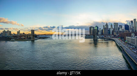 Manhattan Bridge and NYC Skyline  Sunset Stock Photo