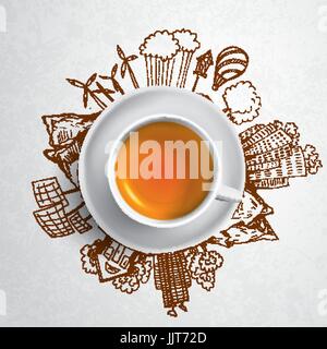 Black tea with ecology doodles. Sketched eco elements with cup of green tea. Textured background Stock Vector