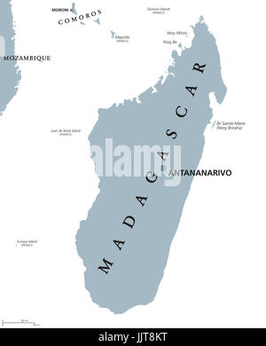 Madagascar political map with capital Antananarivo. Republic and island country in the Indian Ocean. Former Malagasy Republic. Gray illustration. Stock Photo