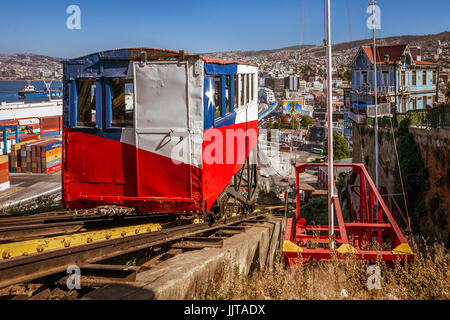 Valparaiso, Chile, January 11, 2017:  Arrival of the elevator Artillería in the station. Historical monument built in 1893. Its decoration represents  Stock Photo
