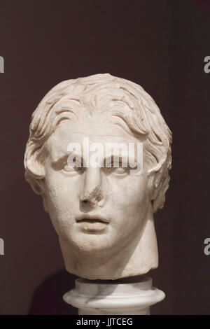 Istanbul, Turkey.  Archaeological Museum.  Marble head of Alexander the Great, 356 - 323 BC,  dating from the first half of the 2nd century BC found a Stock Photo