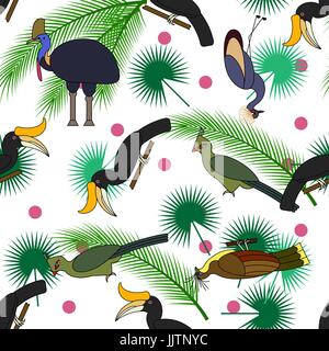 Seamless pattern with tropical leaves and birds. Animal jungle background. Stock Vector