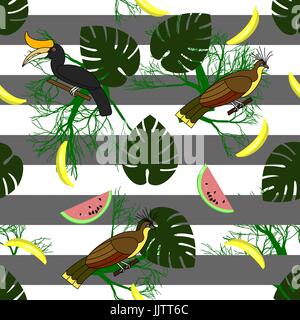 Seamless striped pattern with tropical birds, plants and fruits. Can be used as background, cards, textile etc. Stock Vector