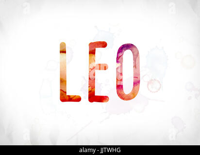 The word Leo concept and theme painted in colorful watercolors on a white paper background. Stock Photo