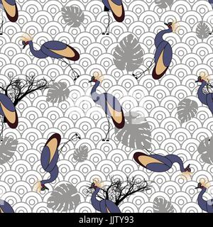Seamless pattern with Cranes. Japanese style. Ornament with oriental motifs. Vector. Stock Vector