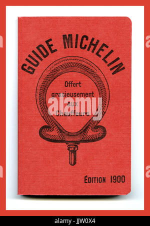 The first ever MICHELIN GUIDE It was created by the Michelin brothers in 1900 and 35,000 copies were printed for the World Fair in Paris France 'offert gracieusement aux chauffeurs/ reimpression du premier guide rouge' Paris France Stock Photo