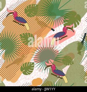 Tropic exotic multicolor pattern with birds hornbill and tropical plants. Modern art background with black circle. Print jungle seamless vector patter Stock Vector