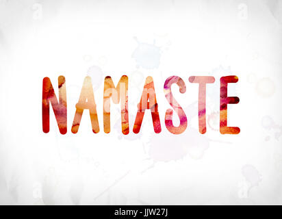 The word Namaste concept and theme painted in colorful watercolors on a white paper background. Stock Photo