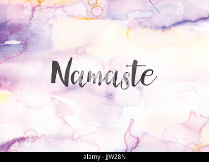 The word Namaste concept and theme written in black ink on a colorful painted watercolor background. Stock Photo