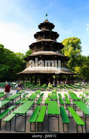 The Chinesischer Turm biergarten, Chinese tower, in the Englischer garten, Munich, Bavaria, Germany Stock Photo
