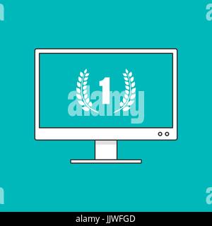 Best online service customer support concept depicted by the number one surrounded by laurel wreaths flat icon on monitor vector illustration Stock Vector