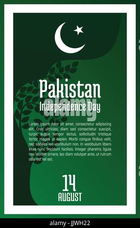 Pakistan Independence Day, August 14. Greeting card with oriental ornament, green leaves and symbol of Islam, star and crescent Stock Vector