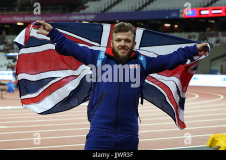 Great Britain's Kyron Duke celebrates winning bronze in the Men's Shot Put F41 Final during day seven of the 2017 World Para Athletics Championships at London Stadium. Stock Photo