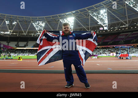 Great Britain's Kyron Duke celebrates winning bronze in the Men's Shot Put F41 Final during day seven of the 2017 World Para Athletics Championships at London Stadium. Stock Photo