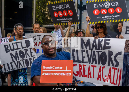 New York, USA. 20th July, 2017. Disability rights groups, New York Elected Officials, parent advocates, aging groups, and transit advocates in New York City launched a campaign on July 20, 2017, calling on Governor Cuomo and the Metropolitan Transportation Authority to adopt clear, ambitious plans to make the NYC subway system fully accessible and to address long-term dysfunction in MTA elevator maintenance operations. The groups marked the release of a TransitCenter report entitled “Access Denied: Making the MTA Subway System Accessible to All New Yorkers. Stock Photo