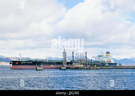MONGSTAD, NORWAY - APRIL 22, 2017: Crude oil tranker Thomas Zafiras unloading at the Statoil Mongstad production facility. Stock Photo