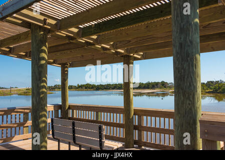 Birdwatching shelter on the Timucuan Trail boardwalk along Spoonbill Pond at Big Talbot Island State Park in Jacksonville, Florida. (USA) Stock Photo