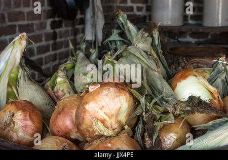 Onions and corn represent provisions in the kithchen of 19th century historic Fort Clinch on Amelia Isand in Fernadina Beach, Florida, USA. Stock Photo