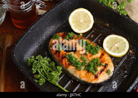 Pan grilled salmon steak Stock Photo