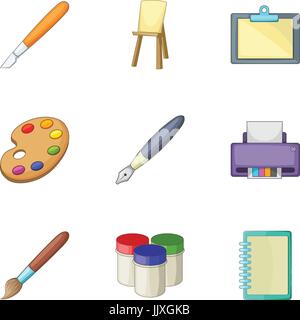 Drawing and writing tools icons set, cartoon style Stock Vector