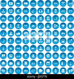 100 adventure icons set blue Stock Vector