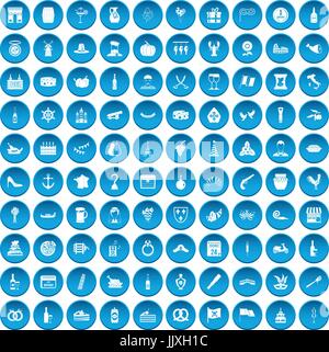 100 alcohol icons set blue Stock Vector