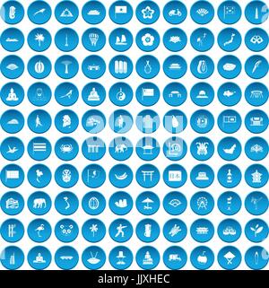 100 asian icons set blue Stock Vector