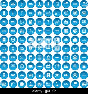 100 auto icons set blue Stock Vector