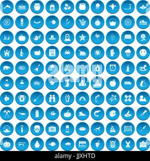 100 autumn holidays icons set blue Stock Vector
