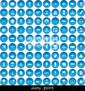 100 aviation icons set blue Stock Vector