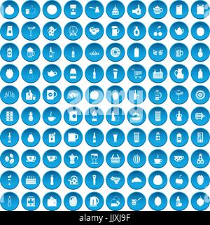 100 beverage icons set blue Stock Vector