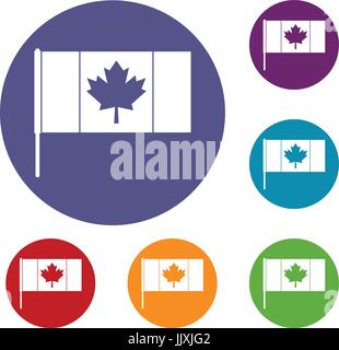 Canada flag with flagpole icons set Stock Vector