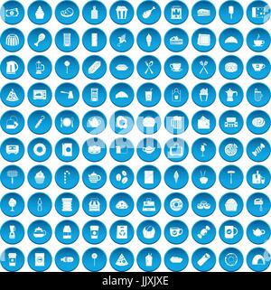 100 cafe icons set blue Stock Vector