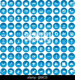 100 cat icons set blue Stock Vector