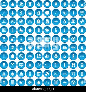 100 child health icons set blue Stock Vector