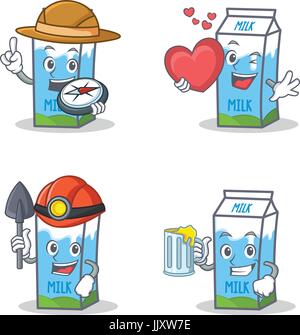 Set of milk box character with explorer heart miner juice Stock Vector