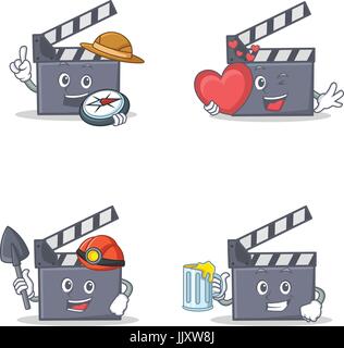 Set of movie clapper character with explorer heart miner juice Stock Vector