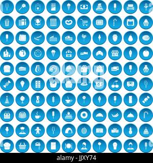 100 dessert icons set blue Stock Vector