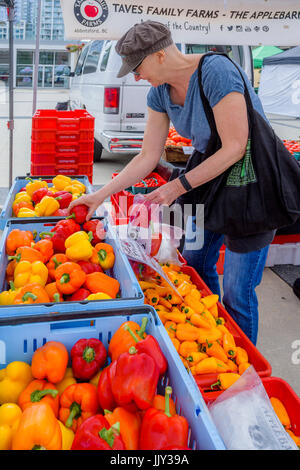 Woman buying red peppers at Downtown Farmers Market, Queen Elizabeth Plaza, Vancouver, British Columbia, Canada. Stock Photo