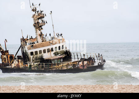Shipwreck Zeila at Skeleton Coast near Henties Bay, Namibia along Namibia's Skeleton Coast in Africa is seen from above.