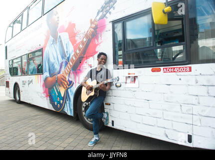London, United Kingdom. 21th July 2017.  Jay Johnson  attends the Launch of International Busking Day & next phase of Mayor’s Gigs competition.  Dire Straits frontman Mark Knopfler unveils two iconic London buses to celebrate launch of Gigs, in association with Gibson, on the eve of International Busking Day. Gigs enters its next phase today with performances taking place around the city   Young musicians competing to be named the capital’s top buskers will perform aboard two specially commissioned London buses this weekend to help mark International Busking Day, and to launch the next phase o Stock Photo