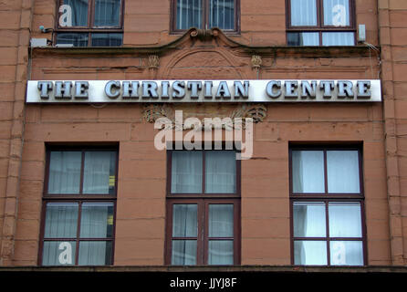 Glasgow City Church with Café Connect, the christian centre  sign on red sandstone building Stock Photo