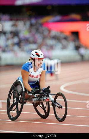 London, UK. 20th July, 2017. Hannah Cockroft (GBR) crossed the line in the Women's 400m T34 Final at the World Para Athletics Championships in the London Stadium, Queen Elizabeth Olympic Park. Cockroft crossed the line in 58.29secs, 1.64secs ahead of the next athlete. The victory marks her 10th world title and she has never lost a race at a major championships. Credit: Michael Preston/Alamy Live News Stock Photo